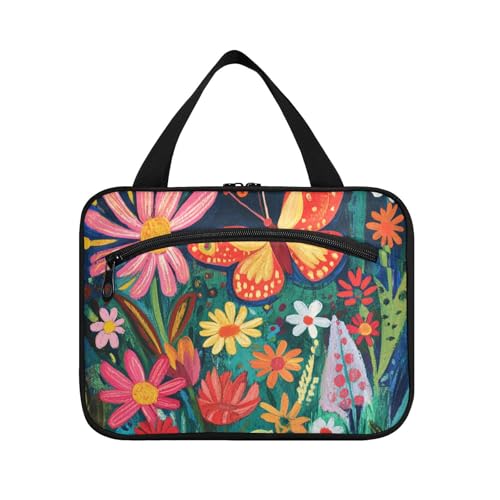 Kulturbeutel mit Cartoon-Schmetterlingen und Blumen, hängende Reise-Kulturbeutel für Damen, mit Haken, niedliche Designer-Taschen mit Reißverschluss für Kreuzfahrt, Reisen, Kreuzfahrten, Bolso de para von KLL