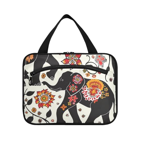 Kulturbeutel mit Haken, Motiv: böhmische Elefanten, Blumen, schwarz, hängende Reisetasche, Kulturbeutel mit Haken, Designer-Tasche für Herren und Damen, ideal für Urlaub, Bolsas para maquillaje L von KLL