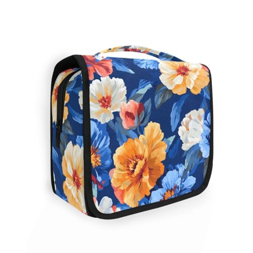 Kulturbeutel mit Pfingstrosen, für Damen, mit Haken zum Aufhängen, waschbar, für Toilettenartikel, Reisen, Blau und Orange Kulturbeutel mit Pfingstrosen, für Damen, mit Haken zum Aufhängen, waschbar, für Toilettenartikel, Reisen, Blau und Orange von KLL