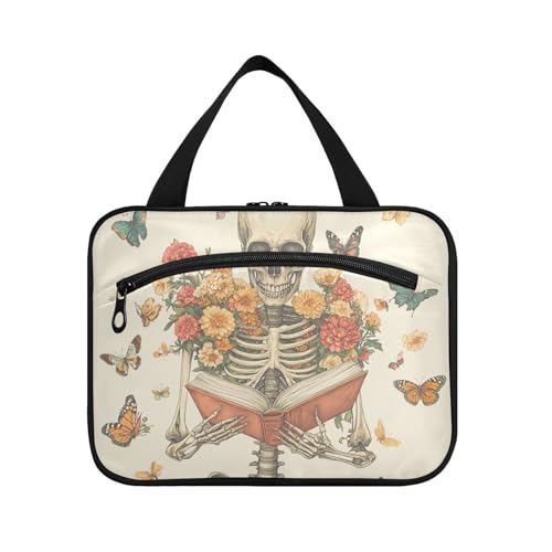 Kulturbeutel mit Skelett zum Lesen mit Blumen und Schmetterlingen, hängende Reise-Kulturbeutel mit Haken, erweiterbare Designer-Medizintaschen für Reisezubehör für Frauen, Arbeit Bolsa de maquillaje von KLL