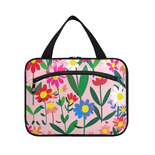Kulturbeutel mit bunten Blumen, pfirsichfarben, zum Aufhängen, für Damen, mit Haken, Designer-Tasche für Toilettenartikel für Damen, Camping-Organizer, Größe L von KLL