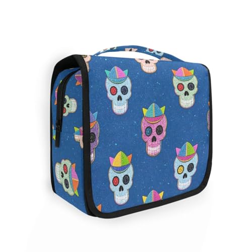 Kulturbeutel mit künstlichem Glitzer-Cartoon-Hut, Totenkopf, blau, coole Reise-Kulturbeutel für Damen, mit Haken zum Aufhängen, multifunktional, wasserdicht, Kulturbeutel für Reisen Kulturbeutel mit künstlichem Glitzer-Cartoon-Hut, Totenkopf, blau, coole Reise-Kulturbeutel für Damen, mit Haken zum Aufhängen, multifunktional, wasserdicht, Kulturbeutel für Reisen von KLL