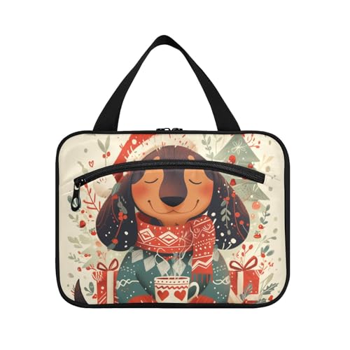 Kulturbeutel mit niedlichem Weihnachtsdackel, pastellfarben, kinderähnlich, zum Aufhängen, große Reise-Kulturbeutel mit Haken, Designer-Essentials, Pinseltasche für Reisen, Essentials für Frauen von KLL