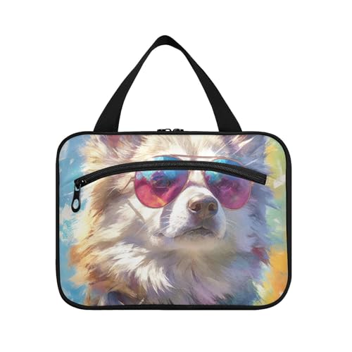 Kulturbeutel mit weißem Husky und Sonnenbrille, zum Aufhängen, mit Haken, Designer-Utensilientasche mit Fächern für Damen, Reisen, Kreuzfahrten, Maleta para maquillaje L von KLL