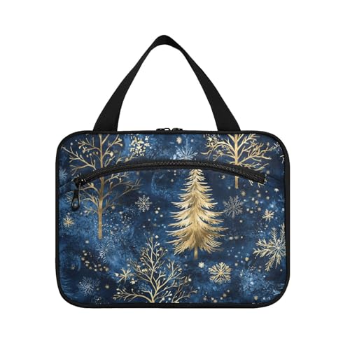 Kulturbeutel zum Aufhängen, Motiv: Blaue goldene Bäume, Weihnachts-Hirsch, für Herren, Reisen, mit Haken, kompaktes Designer-Kulturset für Damen, Toilettenartikel, Bolso de para Mujer L von KLL
