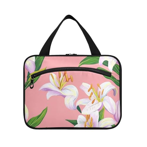 Kulturbeutel zum Aufhängen, Motiv: Frohe Ostern, Lilie, Blume, Rosa, zum Aufhängen, mit Haken, Designer-Zubehörtaschen mit Reißverschluss, für Damen, Kreuzfahrten, Größe L von KLL
