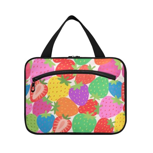 Kulturbeutel zum Aufhängen, Motiv: bunte Cartoon-Erdbeere, Früchte, zum Aufhängen, groß, mit Haken, Designer-Chic-Hautpflege-Tasche für wichtige Dinge für Frauen, Trip estuche para maquillaje L von KLL