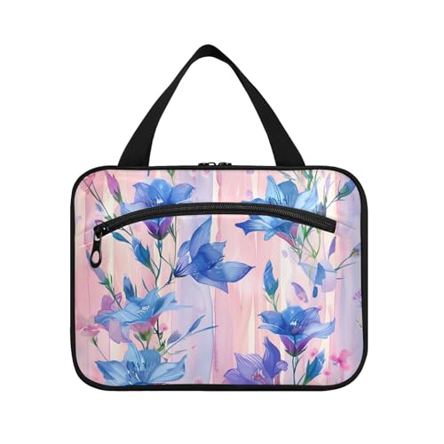 Kulturbeutel zum Aufhängen mit Haken, blaue Glockenblume, rosa Streifen, Aquarell-Stil, mit Haken, Designer-Kulturbeutel für Damen, ein Muss für Rucksackreisen, Größe L von KLL
