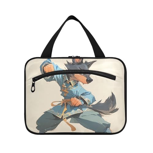 Kulturtasche mit niedlichem Cartoon-Motiv, Kung-Fu-Hund, zum Aufhängen, mit Haken, tragbare Designer-Make-up-Organizer-Tasche für Reisen, Muss für Rucksackreisen, Bolso de Maquillaje para Mujer L von KLL