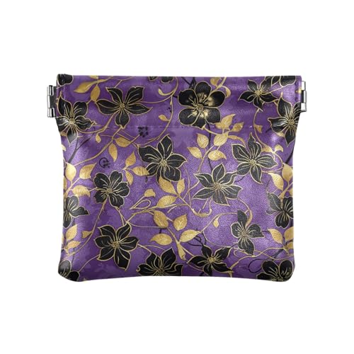 Lila Hintergrund Gold und Schwarz Blumen Damen Leder Münzgeldbörse Geldbörse Geldbörse Wasserdicht Mini Münzbörse Beutel für Frauen Mädchen von KLL