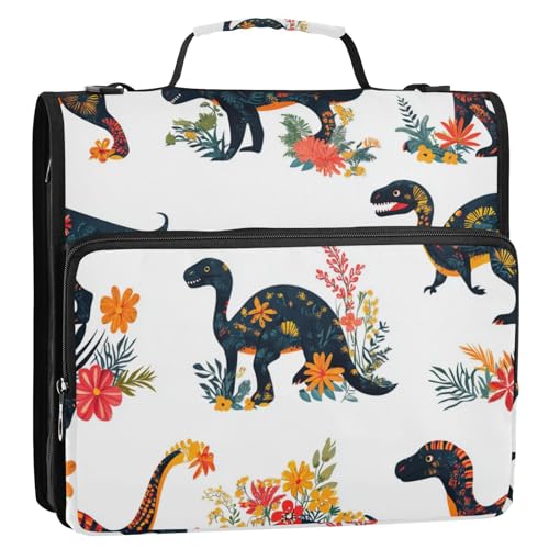 Lustige Dinosaurier mit Blumen 3 Ringe 3,8 cm Ordner mit zusätzlichen Taschen mit wasserdichtem Gurt Dokumentenorganizer für mittlere Schüler Carpeta con bolsillo Extra von KLL