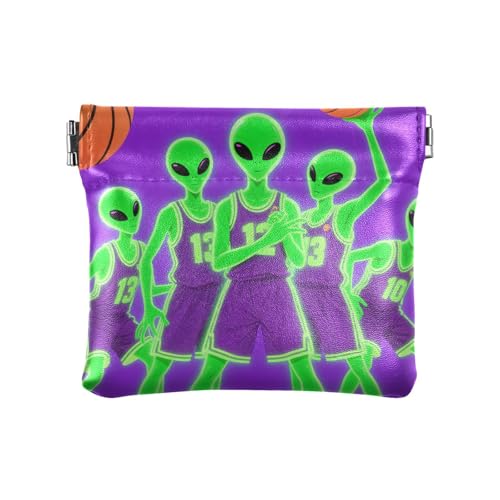 Lustiger grüner Aliens Play Basketball Damen Leder Münzgeldbörse ausgefallener Kartenhalter für Frauen von KLL