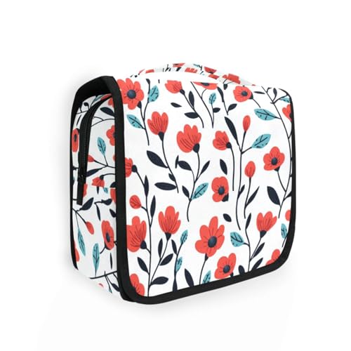 Make-up-Tasche für Damen, Motiv: rote Blume, schwarze Blätter, Retro-Cartoon, mit Haken zum Aufhängen, faltbar Make-up-Tasche für Damen, Motiv: rote Blume, schwarze Blätter, Retro-Cartoon, mit Haken zum Aufhängen, faltbar von KLL
