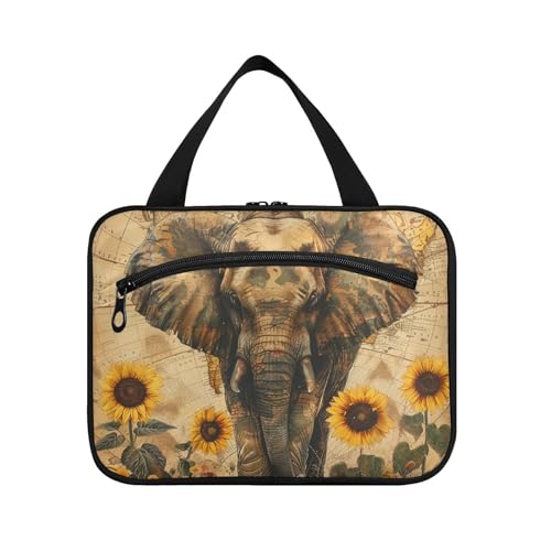 Make-up-Tasche im Boho-Stil, Elefanten-Sonnenblumen, Retro-Stil, zum Aufhängen, mit Haken, unverzichtbarer Kosmetik-Organizer für Damen, Reisen, Reisen, Größe L von KLL