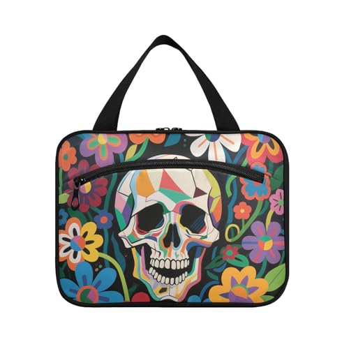 Make-up-Tasche mit Totenköpfen und bunten Blumen, zum Aufhängen, Reise-Make-up-Tasche mit Haken, Designer-Make-up-Tasche für Damen, ein Muss für den Urlaub, estuche de maquillaje para Mujer L von KLL