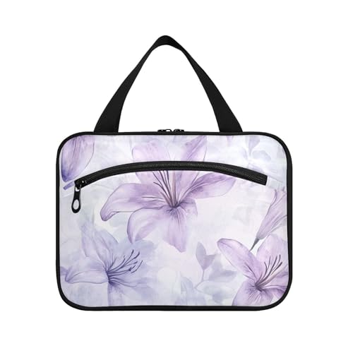 Make-up-Tasche zum Aufhängen, Motiv: Aquarell-Lilien-Blumen, hellviolett, mit Haken, Designer-Make-up-Organizer-Tasche für Reisen, Reisezubehör für Damen, Maleta Para Maquillaje L von KLL