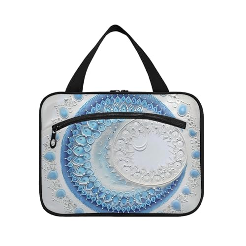 Mandala Mond- und Sternformen Weiß Blau Hängende Reisetasche für Frauen mit Haken, Designer-Kosmetiktasche für Reisen, Must Haves Hotel Kit de para Mujer L von KLL