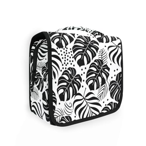 Minimalistische schwarze und weiße Blätter Kulturbeutel Herren mit Haken zum Aufhängen, faltbare Taschen mit Reißverschluss Minimalistische schwarze und weiße Blätter Kulturbeutel Herren mit Haken zum Aufhängen, faltbare Taschen mit Reißverschluss von KLL