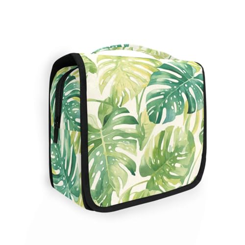 Monstera Deliciosa Kosmetiktasche für Damen, mit Haken zum Aufhängen, kompakt, Aquarellfarben, Grün / Weiß von KLL