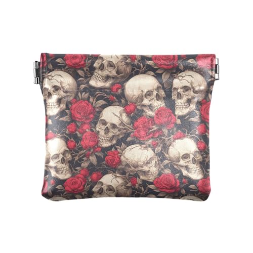 Münzgeldbörsen aus Leder mit Totenköpfen und roten Rosen, Gothic-Stil, praktischer Schmuck-Organizer für Damen von KLL