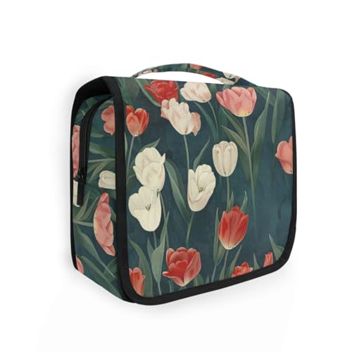 Mysterious Flower Red White Largoiletry Taschen für Frauen mit Haken zum Aufhängen, multifunktionale Kosmetiktasche, Make-up-Tasche, Fitnessstudio von KLL