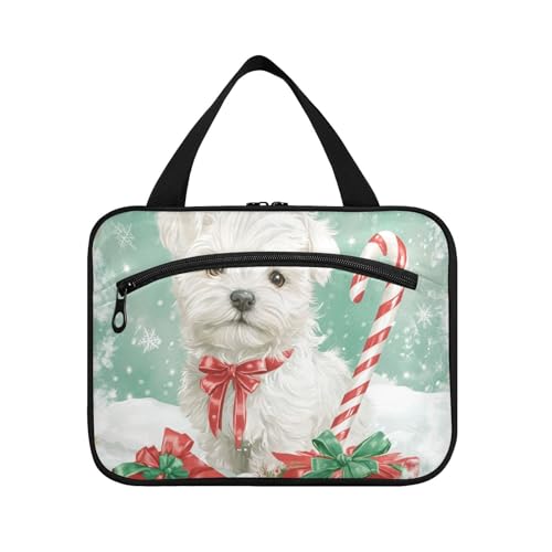 Niedliche weiße Weihnachts-Hunde-Hängetaschen für Frauen mit Haken, Designer-Tasche für Rasierset, Tasche für Herren, Reiseutensilien, für Damen, Fitnessstudio, Größe L von KLL