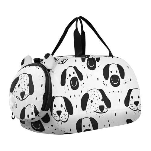 Oliver Jeffers Style Cartoon Hundegesichter Schwarz auf Weiß Duffel Turnbeutel mit Schuhfach Große Kapazität Weekender Übernachtungstasche für Jungen und Mädchen von KLL