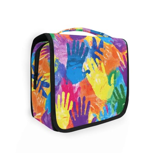 Reise-Kosmetiktasche für Damen, Regenbogenfarben, Handabdruck, mit Haken zum Aufhängen, niedlicher Kulturbeutel zum Aufhängen Reise-Kosmetiktasche für Damen, Regenbogenfarben, Handabdruck, mit Haken zum Aufhängen, niedlicher Kulturbeutel zum Aufhängen von KLL