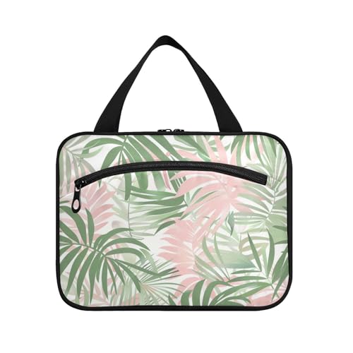 Reise-Kosmetiktasche mit großem Fassungsvermögen, Motiv: Palmblatt-Dschungel, zum Aufhängen, mit Haken, waschbar, für Herren, Reisezubehör, Rucksackreisen, Rosa und Grün von KLL