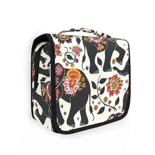 Reise-Kulturbeutel für Damen, Motiv: böhmische Elefanten, Blumen, schwarz, mit Haken zum Aufhängen, erweiterbare Taschen mit Reißverschluss Reise-Kulturbeutel für Damen, Motiv: böhmische Elefanten, Blumen, schwarz, mit Haken zum Aufhängen, erweiterbare Taschen mit Reißverschluss von KLL