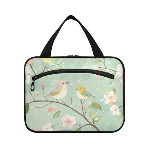 Reise-Kulturbeutel für Herren, Motiv: Frühlingsbirnenblüten, Vögel, grün, zum Aufhängen, mit Haken, Designer-Kosmetiktasche für Reisende, Hotel, Bolsa para maquillaje L von KLL