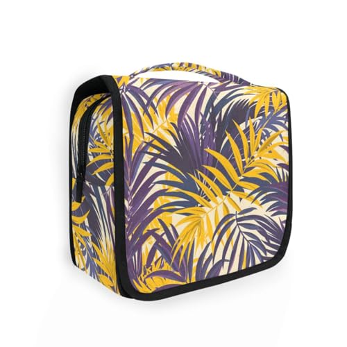 Reise-Kulturbeutel für Herren, mit Haken zum Aufhängen, Motiv: Palmenblätter, Violett / Gelb von KLL