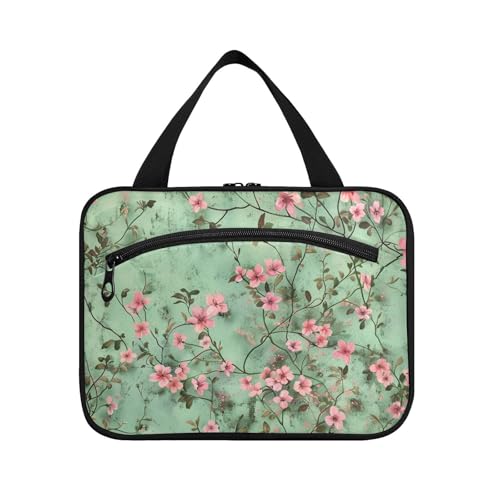 Reise-Kulturbeutel zum Aufhängen, mit Haken, niedlicher Designer-Bürstentasche für wichtige Dinge für Damen, Hellgrüner Hintergrund mit vielen kleinen rosa Blumen, Reise-Set de para Mujer L von KLL