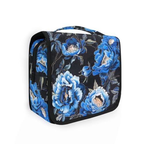 Reise-Make-up-Tasche für Damen, mit Haken zum Aufhängen, Schwarz mit blauer Pfingstrosen-Stickerei, Pinseltasche Reise-Make-up-Tasche für Damen, mit Haken zum Aufhängen, Schwarz mit blauer Pfingstrosen-Stickerei, Pinseltasche von KLL
