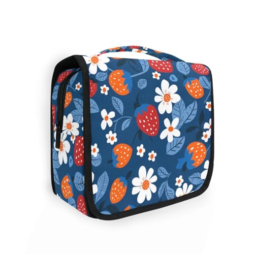 Reisetasche für Damen, Erdbeer-Blumen und Blätter, mit Haken zum Aufhängen, tragbare Kosmetiktasche, Toilette von KLL