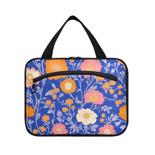 Reisetasche für Damen mit Haken, leuchtend blauer Hintergrund, orange/rosa Blumen, mit Haken, unverzichtbare Designer-Make-up-Taschen für Kreuzfahrt, Reisen, Rucksackreisen, Porta Cosmeticos, Mujer von KLL
