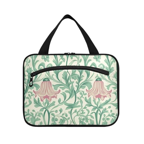 Retro-Kulturbeutel für Herren, Motiv: rosa Glockenblume, grüne Blätter, zum Aufhängen, mit Haken, kompakte Designer-Make-up-Tasche für Herren, Reisen, Bolsa para maquillaje L von KLL