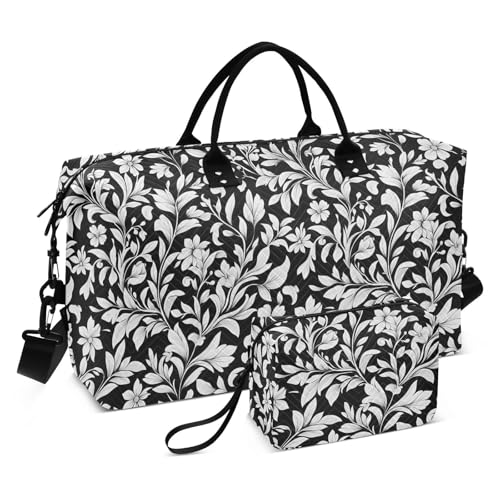 Retro weiße Blätter schwarz dekorative Gepäck Reisetasche Turnbeutel mit verstellbarem Riemen zum Wandern faltbar Bolso Viajero para Mujer von KLL