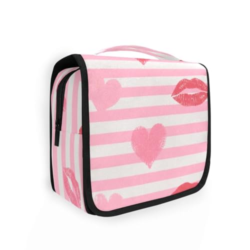 Rosa weiße Streifen Herz Lippe Liebe Taschen für Frauen mit Haken zum Aufhängen, erweiterbare hängende Make-up-Tasche Camping Rosa weiße Streifen Herz Lippe Liebe Taschen für Frauen mit Haken zum Aufhängen, erweiterbare hängende Make-up-Tasche Camping von KLL