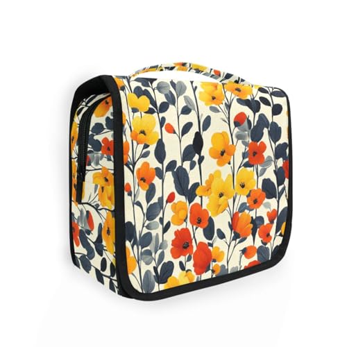 Rote gelbe Blumen schwarze Blätter, moderner skandinavischer Kulturbeutel zum Aufhängen, Reise-Kulturartikel mit Haken zum Aufhängen, tragbare Rasiertasche für Herren, Rucksackreisen von KLL