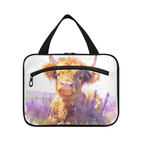 Schöne, braune schottische Hochlandrinder mit Lavendel-Hängetasche für Männer, Reisen, mit Haken, Designer-Kosmetiktasche für Reisen, Damen, Urlaub, Maletín para maquillaje L von KLL