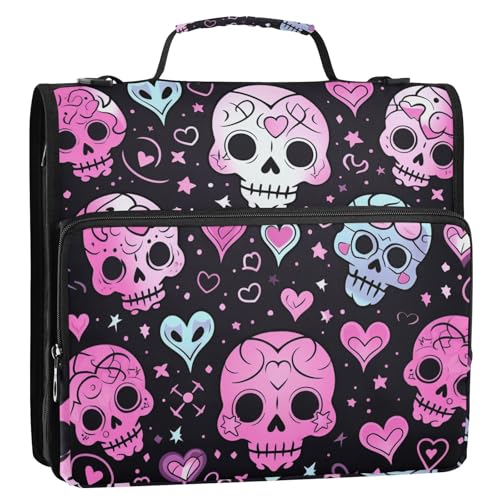 Schulmappe mit niedlichem Totenkopf-Herz, 3 Ringe, mit Schultergurt und Griff, inklusive Reißverschlusstasche, Dokumenten-Organizer, Tasche für Schule/Büro von KLL