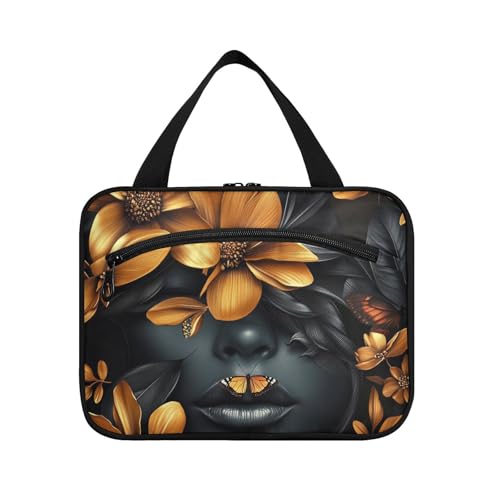 Schwarze Schönheit goldene Blumen hängende Artikel Reisetasche mit Haken, Designer wasserdichter Kulturbeutel Organizer für Reisezubehör für Frauen Trip Bolso para maquillaje de Mujer L von KLL