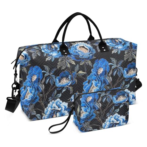 Schwarze Tasche mit blauer Pfingstrosen-Stickerei, dekorative Handgepäcktasche, großer Turnbeutel mit Kulturbeutel für Yoga, wasserdicht, Bolsa Para, Gym para Mujer von KLL