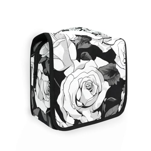 Schwarze und weiße einfache Rosoiletry Tasche für Frauen mit Haken zum Aufhängen, erweiterbar, gesteppt, Make-up-Tasche, Fitnessstudio Schwarze und weiße einfache Rosoiletry Tasche für Frauen mit Haken zum Aufhängen, erweiterbar, gesteppt, Make-up-Tasche, Fitnessstudio von KLL