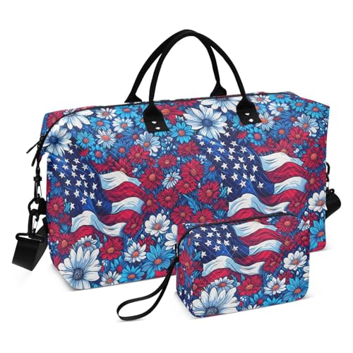 Sporttasche mit Blumen und Elementen der amerikanischen Flagge, dekorativ, Wochenend-/Übernachtungstasche, Turnbeutel mit verstellbarem Riemen für Fitnessstudio, multifunktional, Bolso de para Mujer von KLL