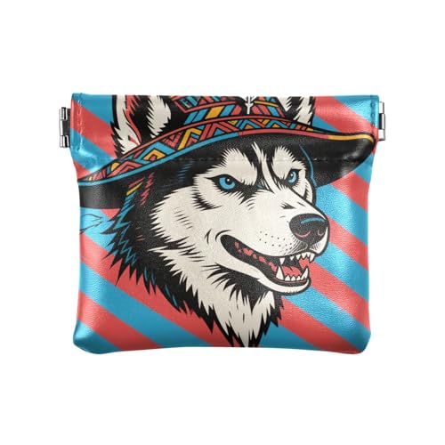 Tribal Style Husky Dog Red and Blue Stripes Damen Leder Münzbörse Wasserdicht Kleingeld Geldbörse für Frauen Mädchen von KLL