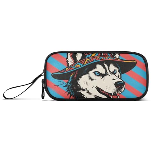Tribal Style Husky Dog Red and Blue Stripes Nylon Pencil Bags Large Capacity Zipper Mesh Pencil Case Stationery for Elementary Kids von KLL