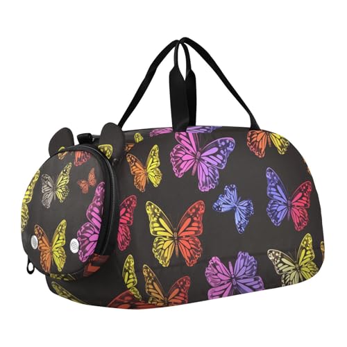 Turnbeutel mit Schuhfach, Motiv: Regenbogenfarbene Schmetterlinge, schwarzer Hintergrund, multifunktional, für Reisen, Schwimmen, Tanzen, Ballett von KLL