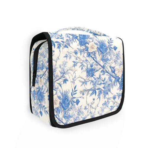 Vintage Retro Blau Weiß Rosen Kosmetik Reisetasche für Frauen mit Haken zum Aufhängen Unisex Reisetasche Kulturbeutel Toilette von KLL